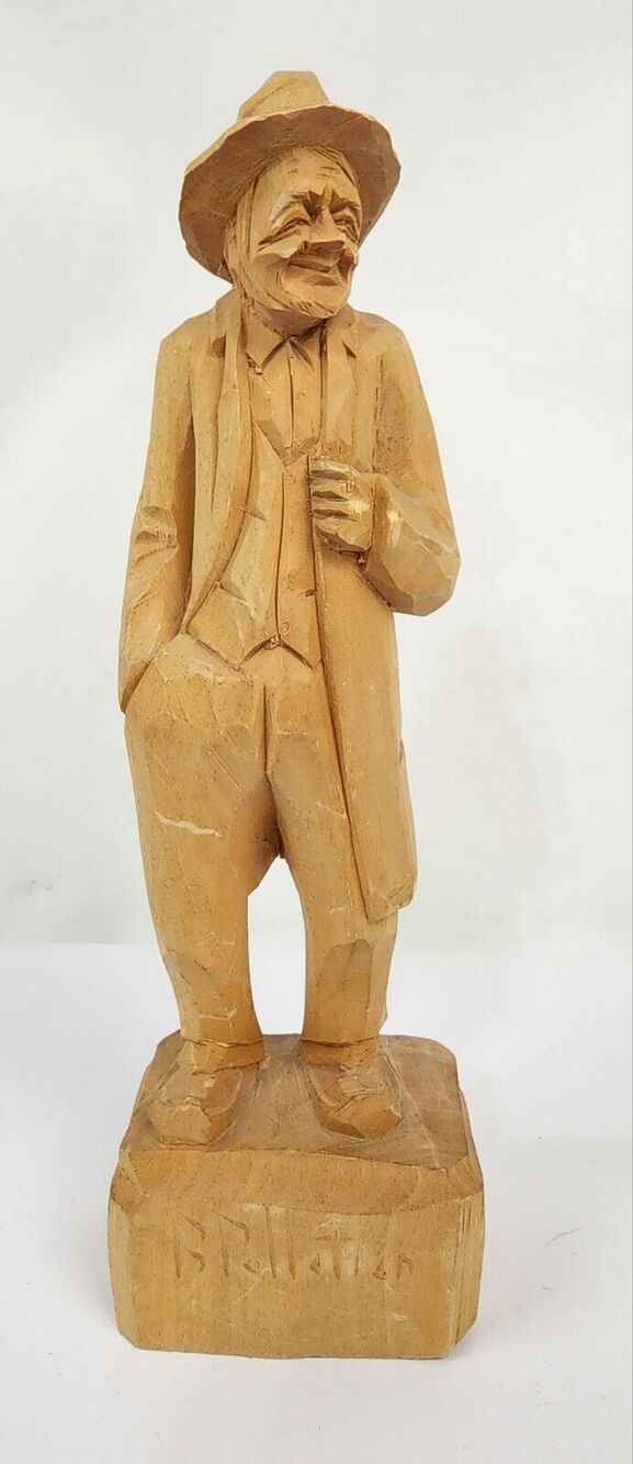 Vintage Canadian Folk Art Hand Carved Wooden Old Man W/ Hat Signed B. Pelletier